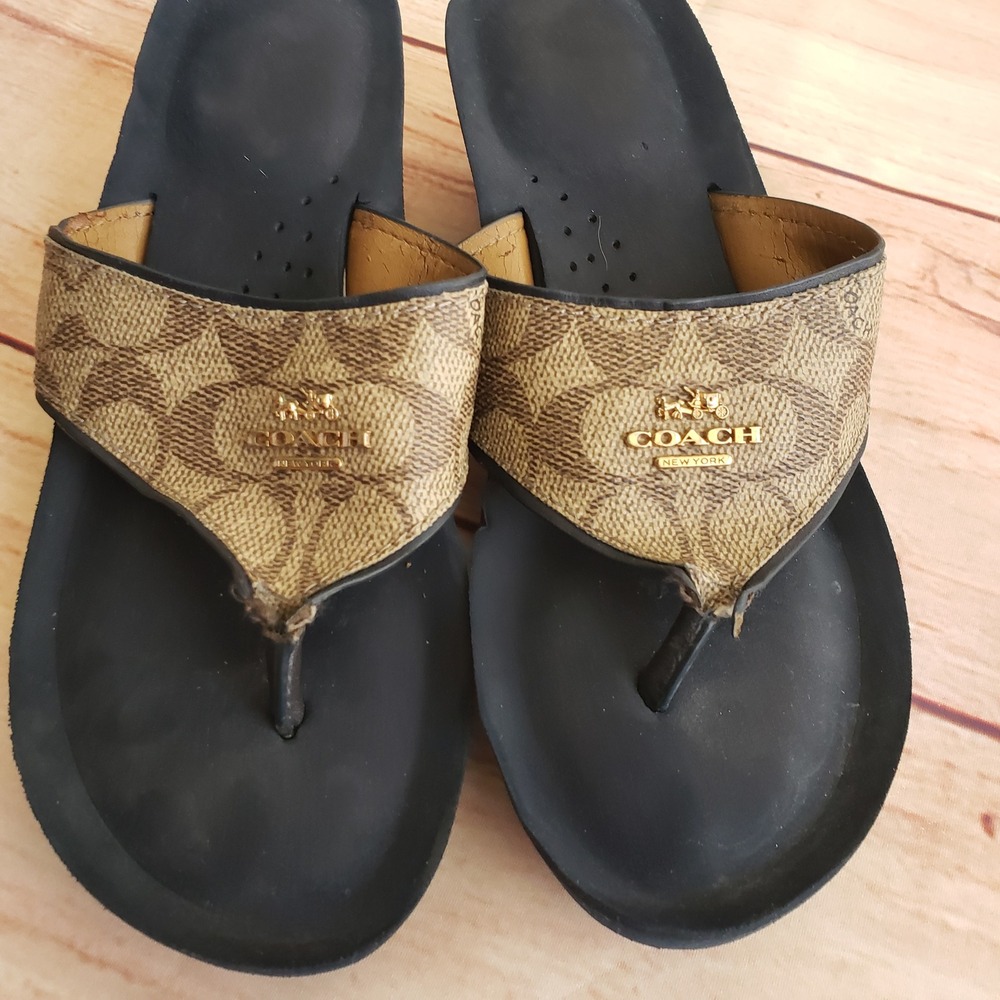 Coach Janice Wedge Flip Flops Womens 6B Signature Monogram Logo Platform Sandals - Picture 2 of 7